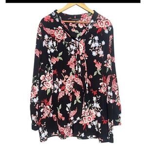 Lane Bryant Floral Black Long Sleeve Tie Front SZ 22/24 Office Career Church